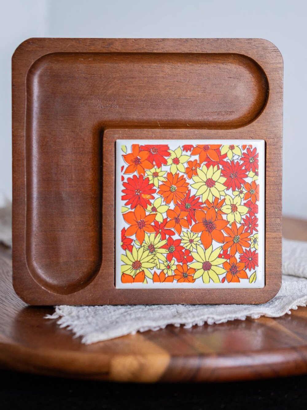 Vintage Wooden Snack Tray with Floral Ceramic Tile Insert | Mid Century Serving